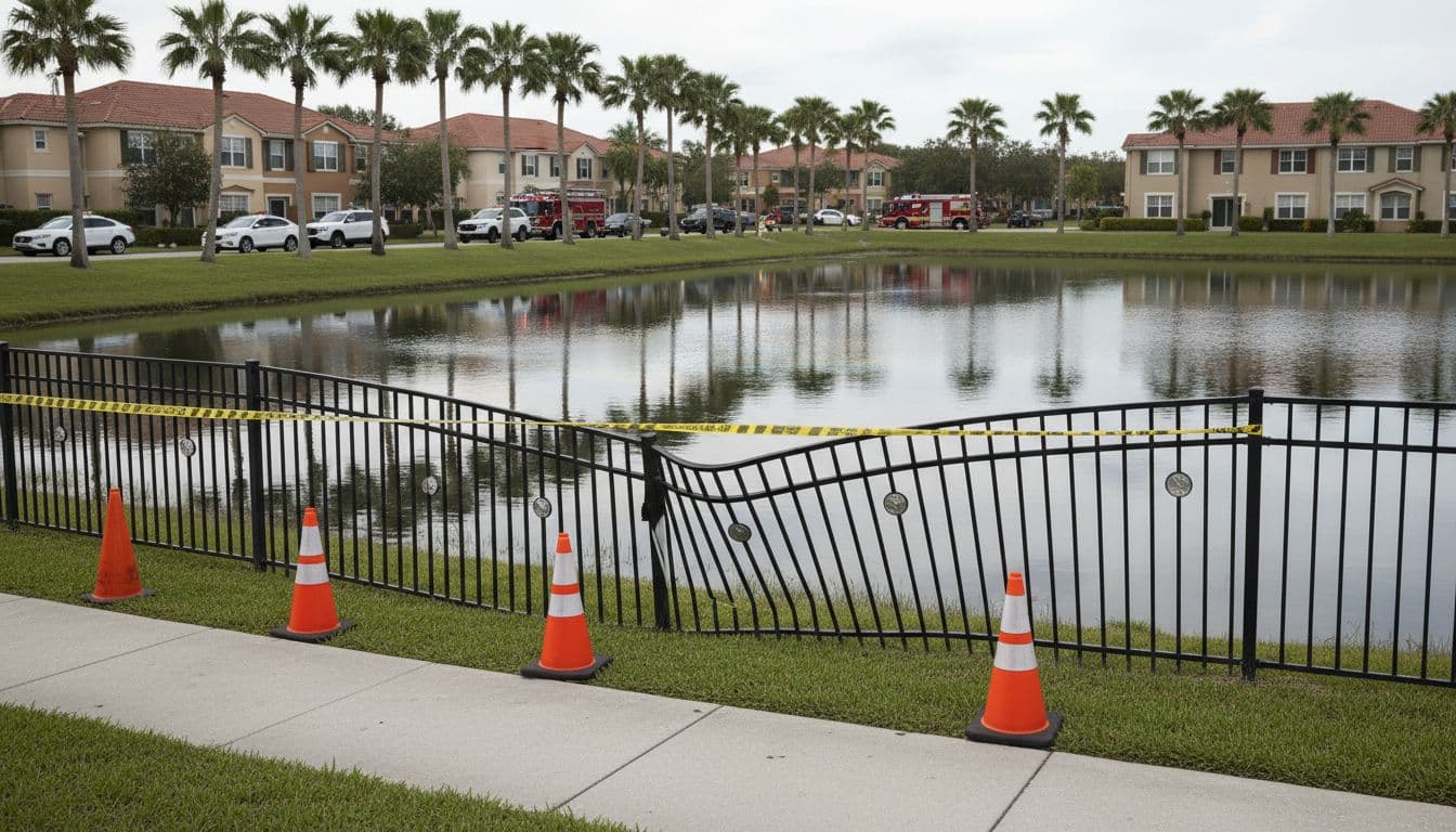 Small Plane Reportedly Crashes Into Coral Springs Pond; Dive Team Responds 3 Residential pond cordoned off with safety tape and emergency vehicles nearby