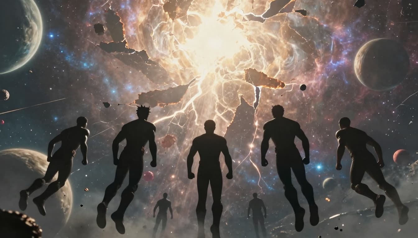 Cosmic battle scene with superheroes leaping toward a glowing rift in the sky