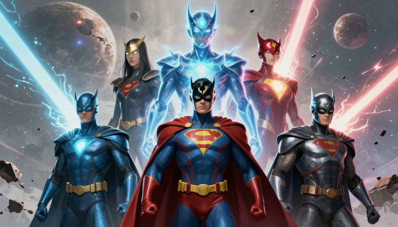 Collage of cosmic-level superhero threats with glowing energy and shattered planets