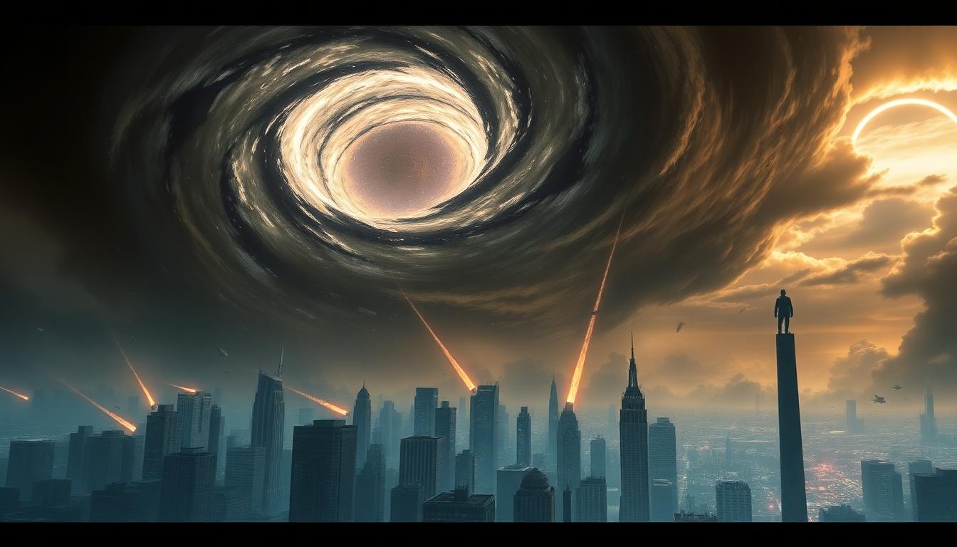 Avengers: Doomsday Wraps Filming, But The Hardest Work Is Still Ahead 3 Concept art of a city skyline under threat from a swirling cosmic energy vortex