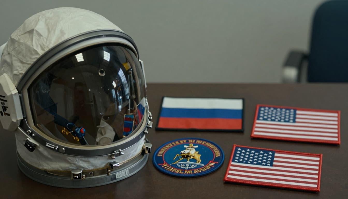 Cosmonaut helmet on a table next to Russian and U.S. mission patches