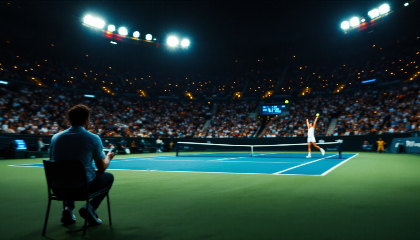 Courtside wide shot during a night tennis match as a player prepares to serve