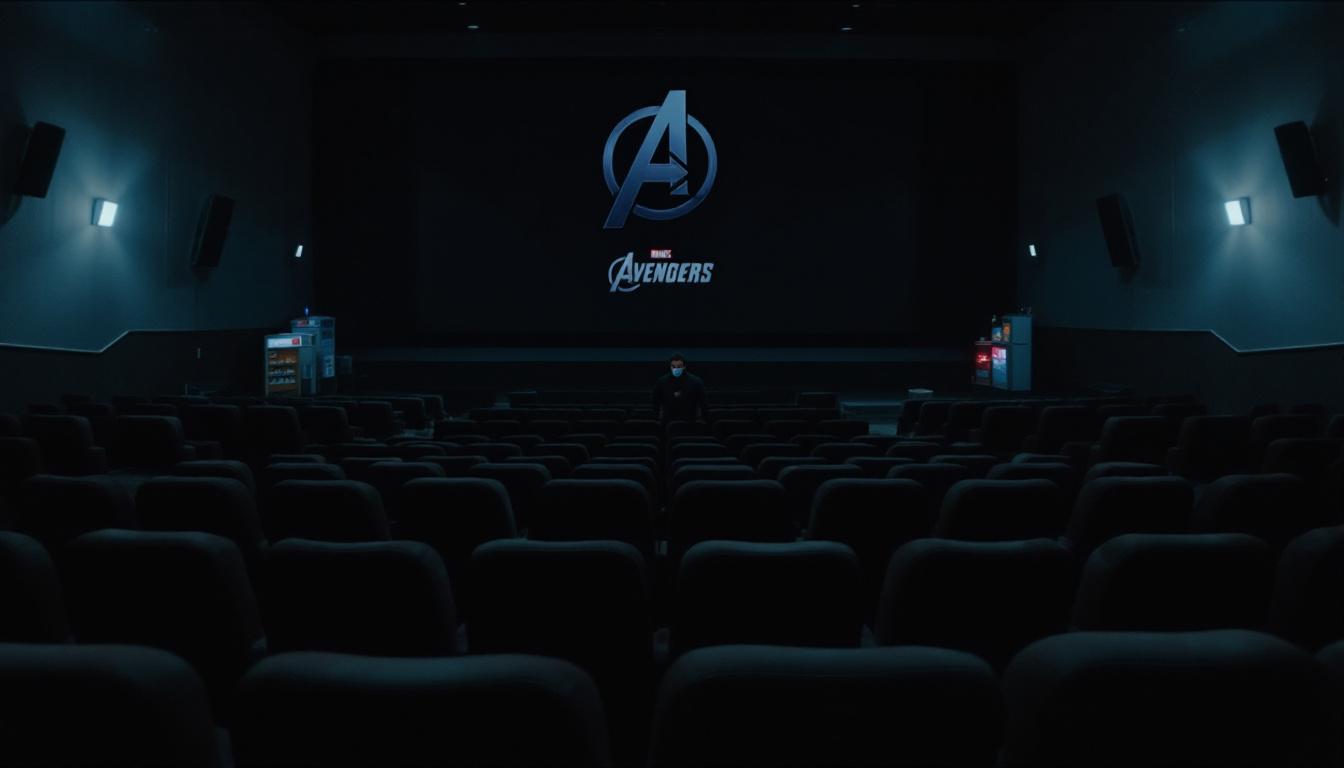 Empty theater, masked projectionist, Avengers poster – COVID halts cinema