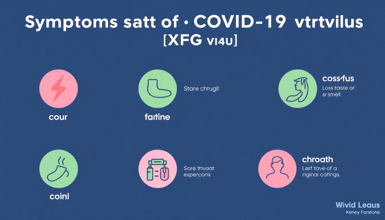 Infographic: Symptoms of COVID-19 Stratus (XFG) variant, icons for fever, cough, fatigue, loss of taste or smell, sore throat