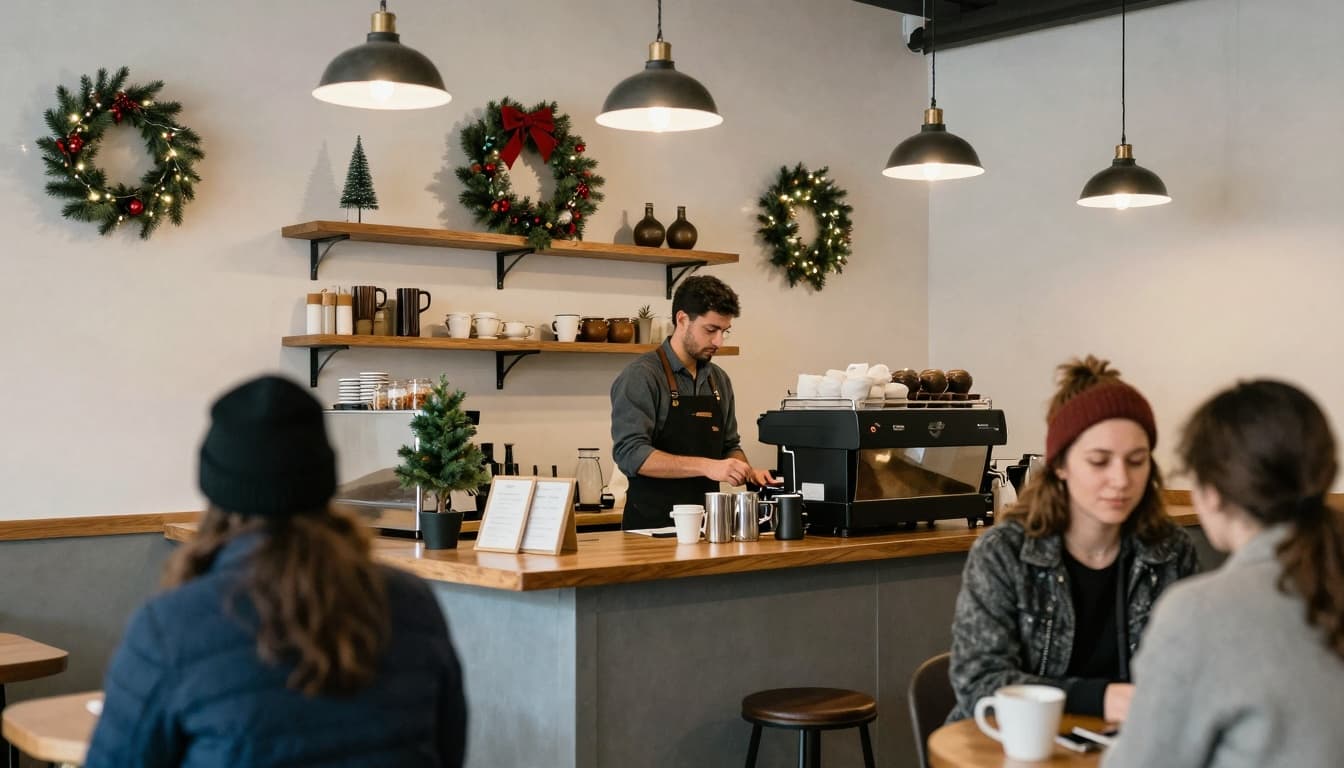 Coffee shop interior with holiday decor and customers