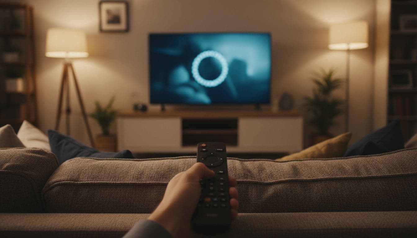 Person holding a remote while TV shows buffering spinner