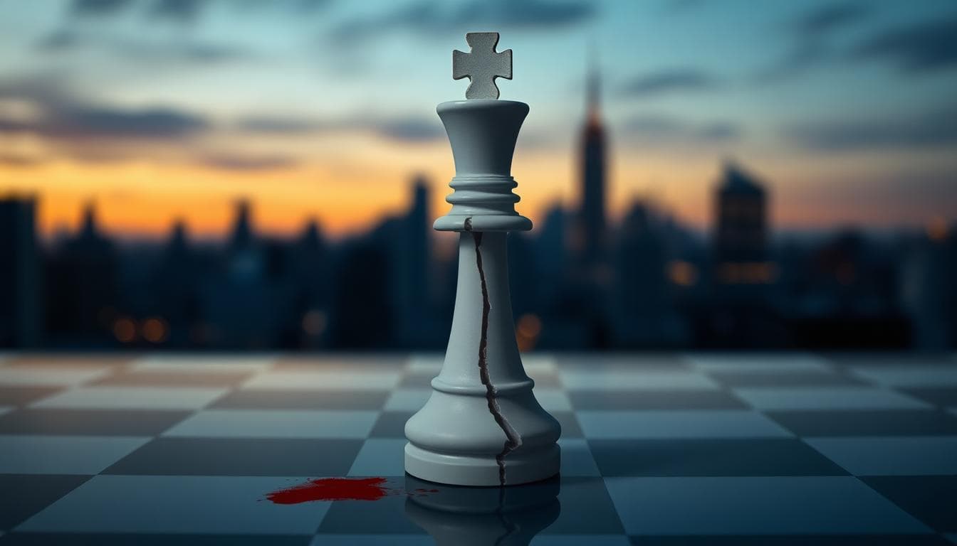 Daredevil: Born Again Season 2 Gets a Premiere Date — What Fans Should Know 4 Cracked white king chess piece with a faint red smear against a blurred New York skyline
