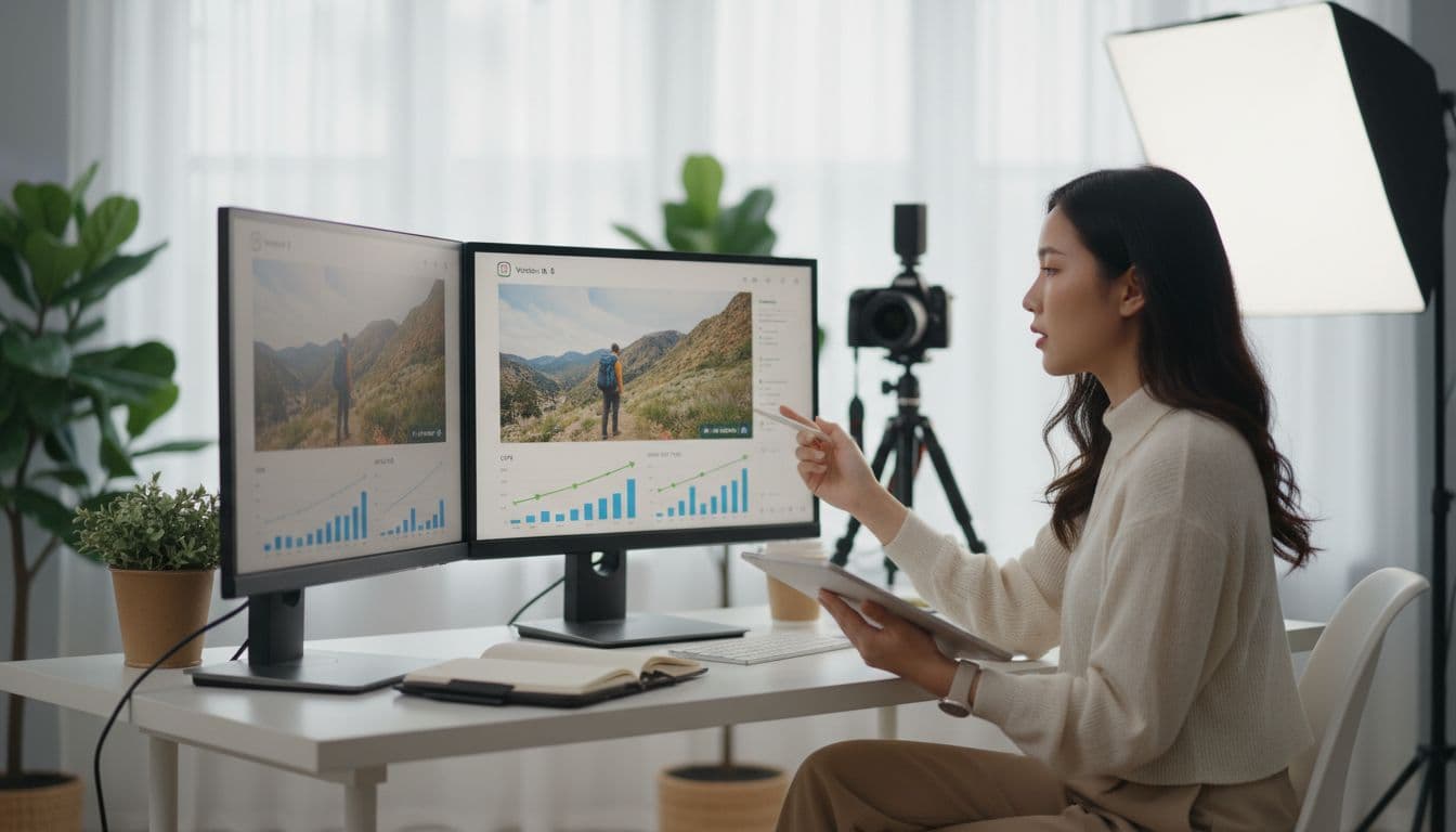 Creator compares two versions of a post on dual monitors with analytics charts