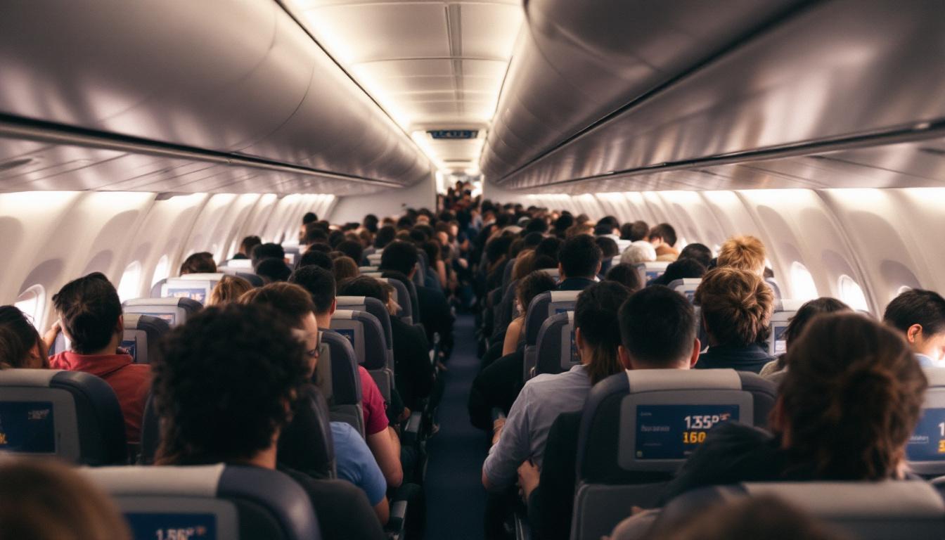 Crowded airplane interior, passengers seated close together, some empty seats, price increase charts on seatbacks, sense of fewer flights and higher fares