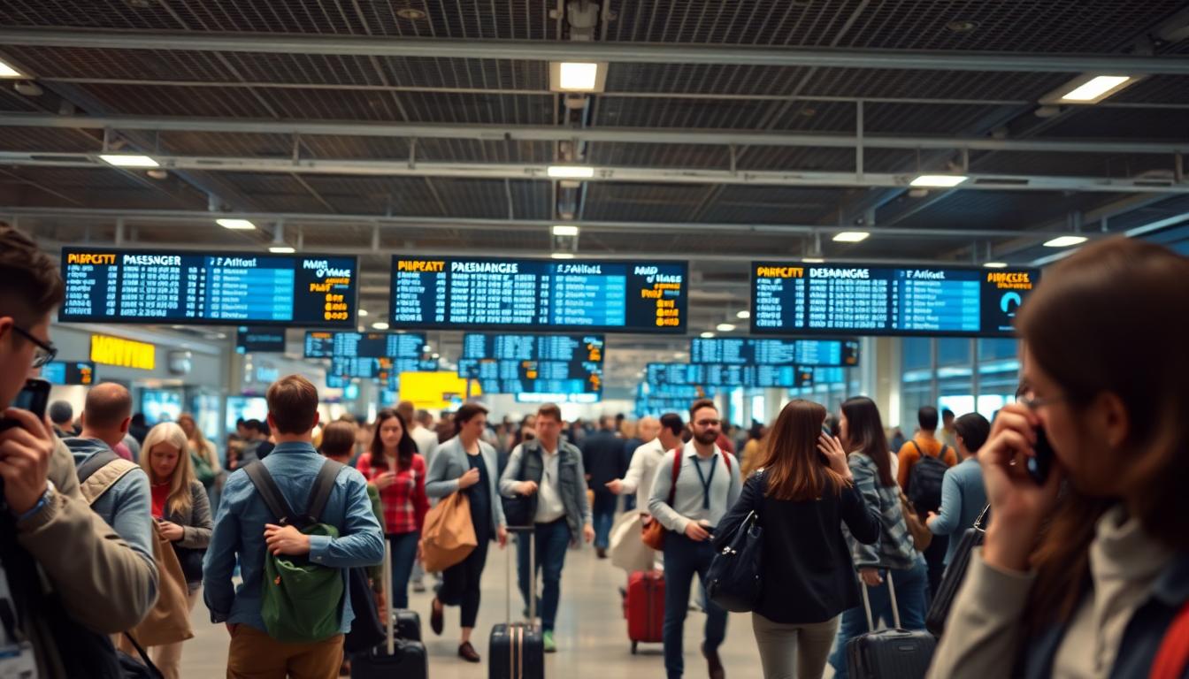 Crowded airport terminal with travelers checking phones near departure boards