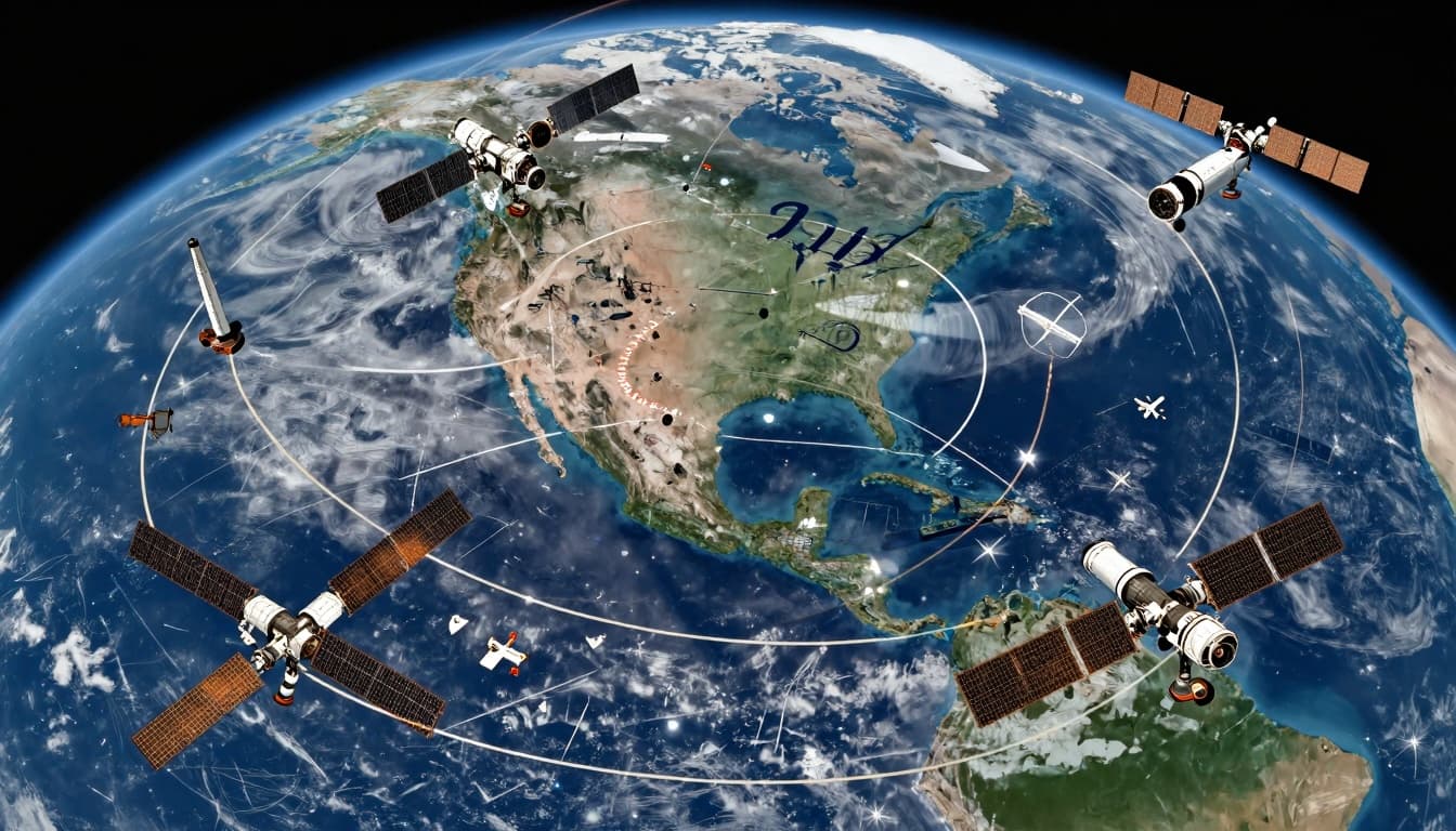 Illustration of many satellites and orbit paths around Earth in low Earth orbit