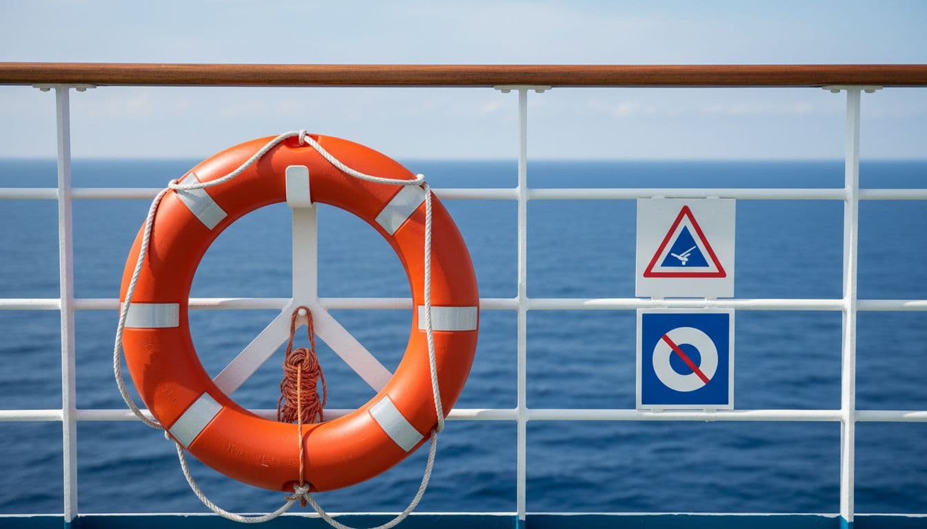 Orange life ring mounted on a cruise ship railing
