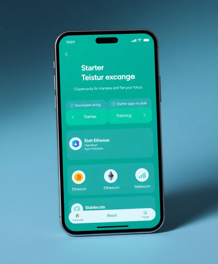 Mobile exchange onboarding flow highlighting Bitcoin, Ethereum, and stablecoins as starter options