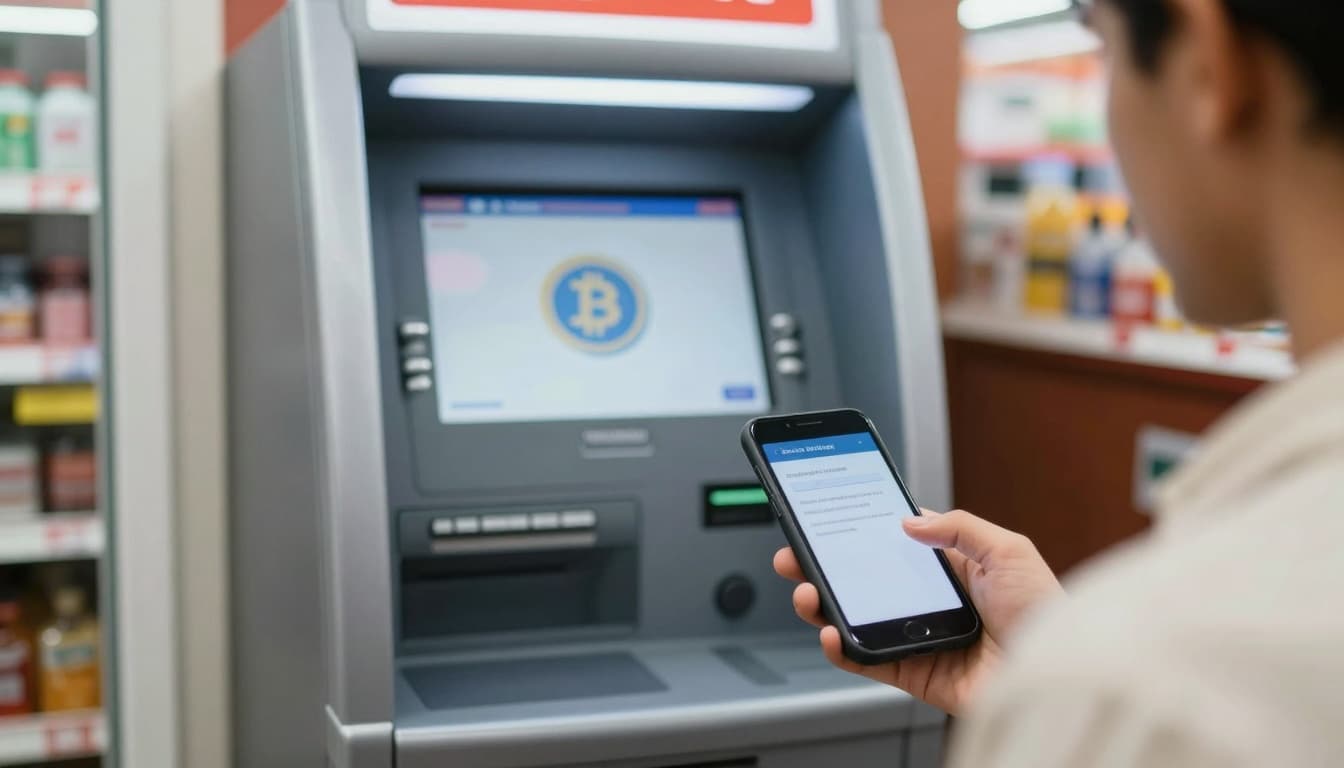 Cryptocurrency ATM in a convenience store with a scam warning on a phone