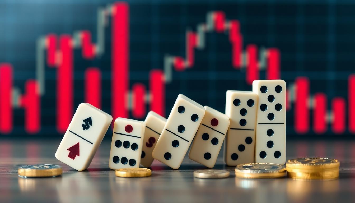 Conceptual visual of a liquidation cascade in crypto with dominoes tipping