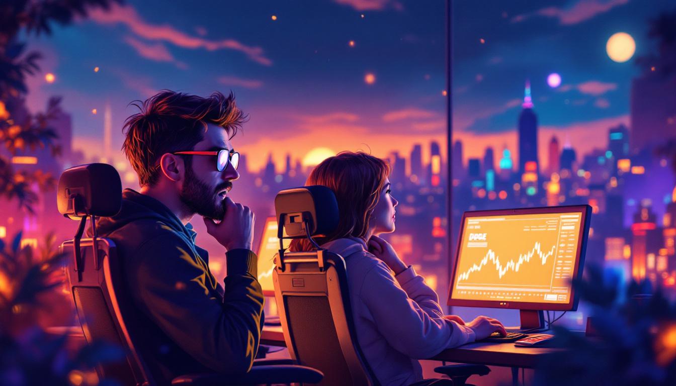 A close-up of crypto traders at their workstations, watching the live DOGE price, showing excitement and anxiety as charts change, in colorful digital art