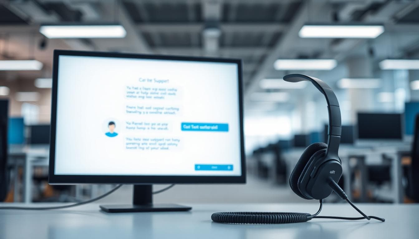Headset on desk next to a screen with a chat bot interface