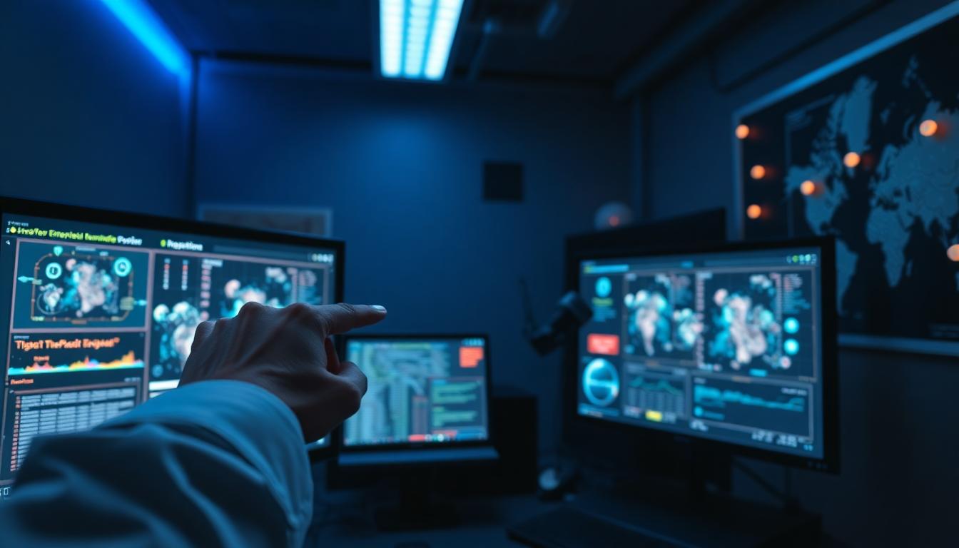 Analysts reviewing digital evidence on monitors in a secure cyber investigation workspace