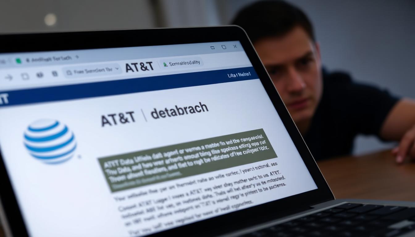 Laptop showing an AT&T data breach alert email. User appears worried.