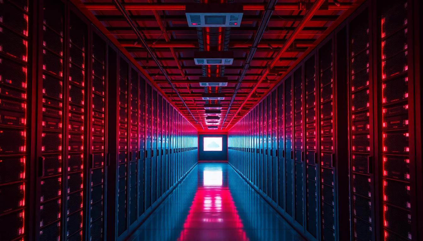 Data center aisle with rows of servers and red accent lighting