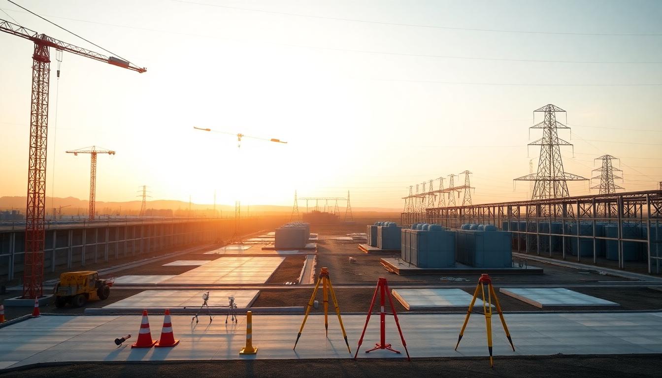 Data center campus under construction with cranes and power lines