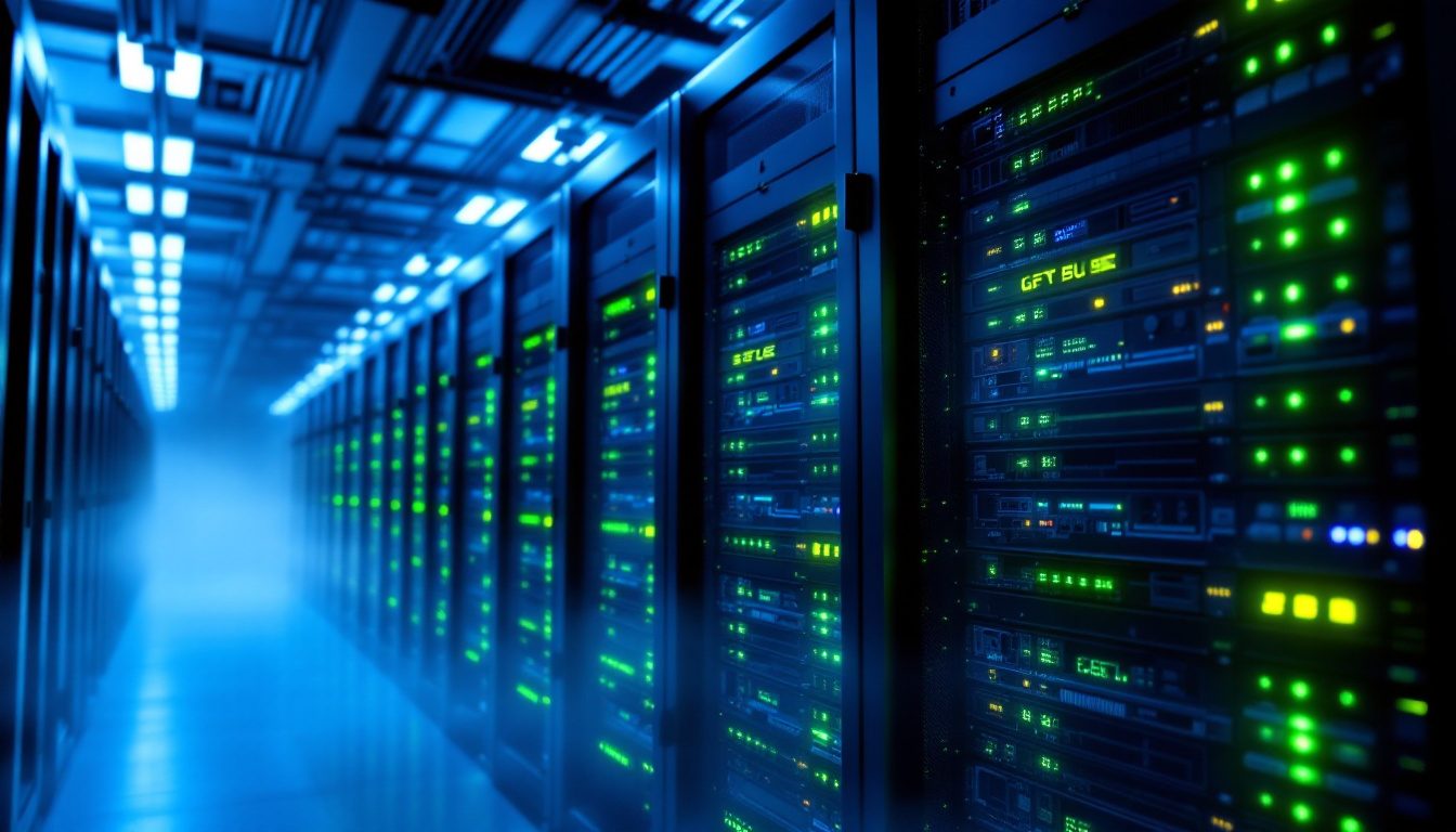 Rows of GPU servers with green status LEDs in a cool blue-lit data center