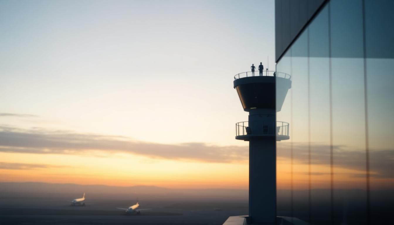 Airport control tower at dawn with grounded planes