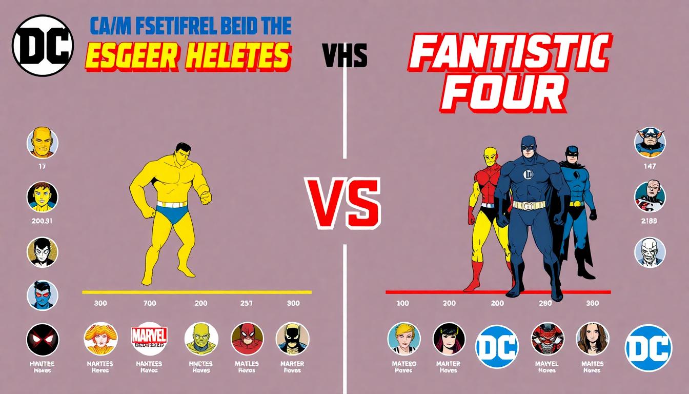 10 Powerful DC Heroes Who Could Defeat The Fantastic Four 4 Stylized infographic: DC's strongest heroes vs the Fantastic Four, hero power level icons, Marvel and DC branding