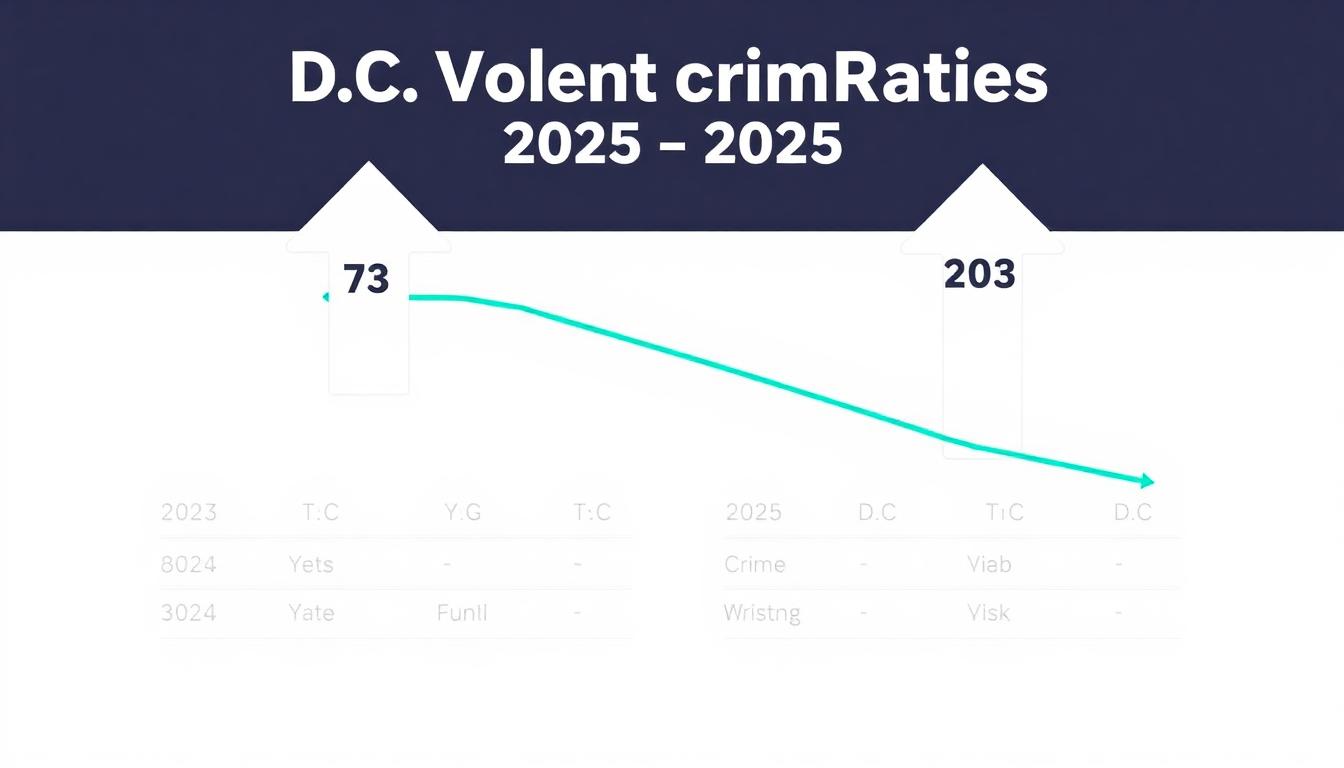 Infographic: D.C. violent crime rates, 2023–2025, sharply downward, overlaid with top hashtags and emojis, bright and accessible style