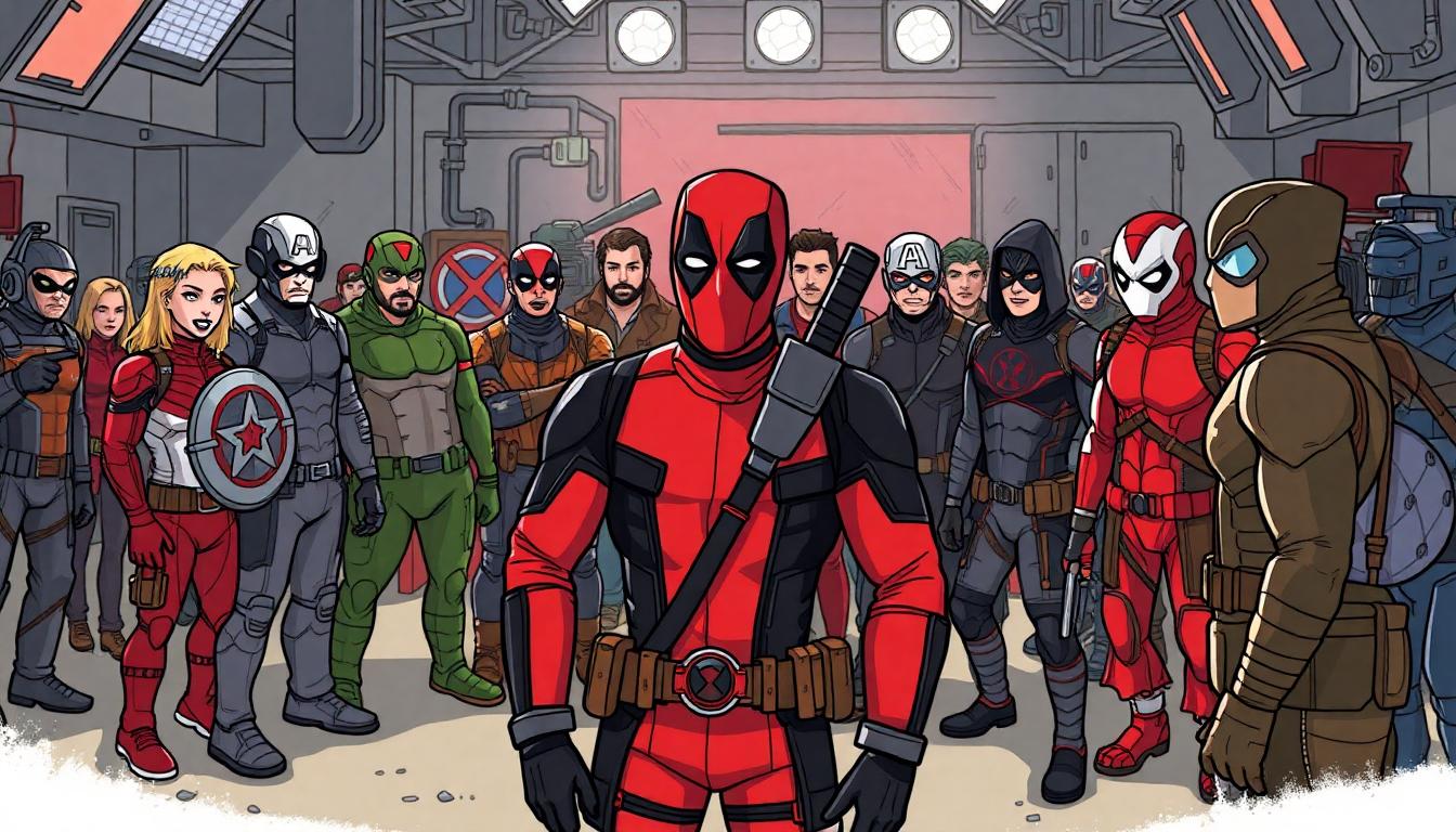 Deadpool’s Next MCU Move? Ryan Reynolds’ Instagram Fuels Avengers: Doomsday Hype 3 Image: Movie set illustration, Ryan Reynolds in Deadpool suit, Avengers and X-Men actors, crew in the background