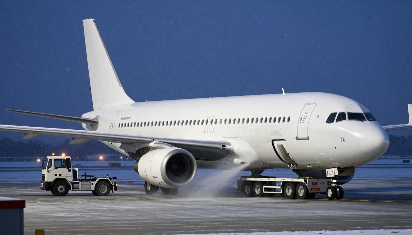 An airplane being de-iced during heavy snowfall at an airport