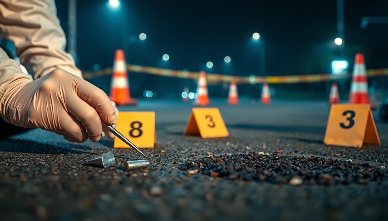Close-up of forensic investigators collecting debris at the Delhi blast site