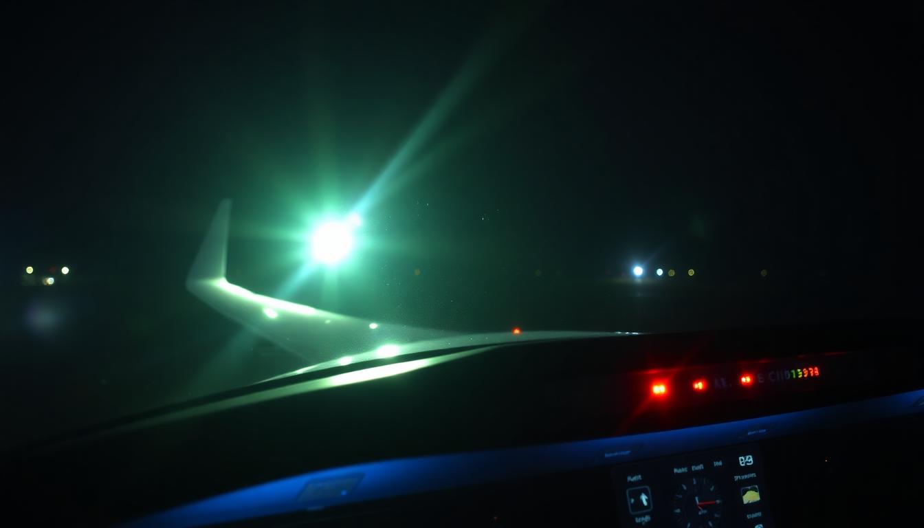 Delta cockpit with emergency lights at night