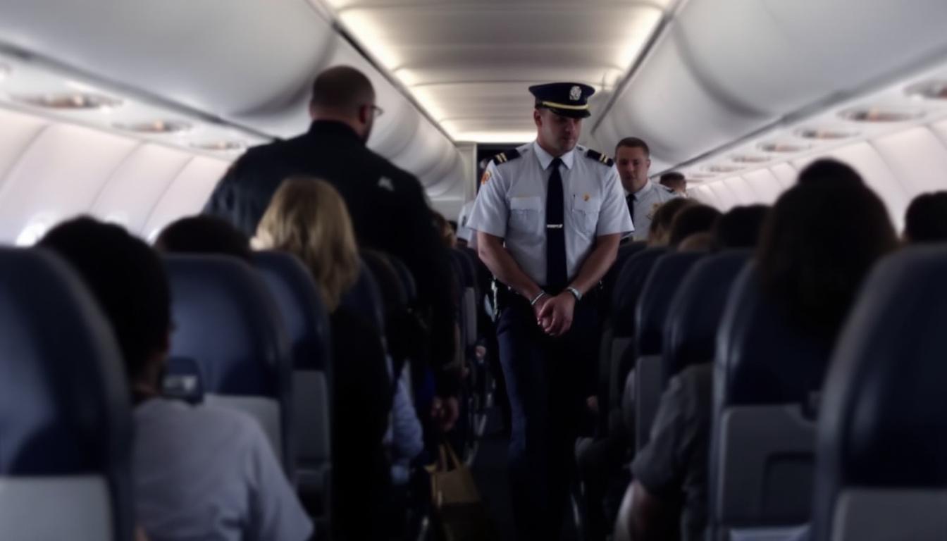 Passengers watch as a handcuffed pilot is escorted down the aisle