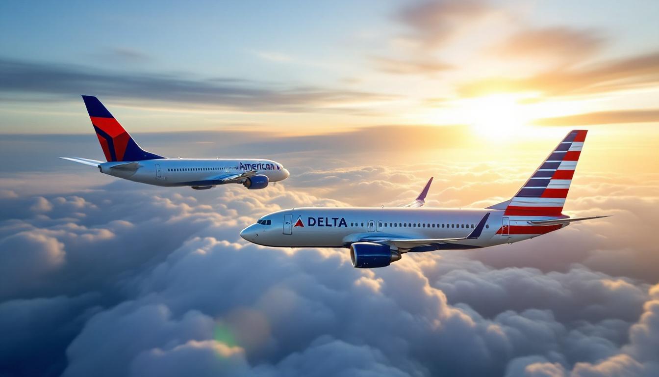 Inside image 2: Two competing airline jets—one marked Delta, one marked American—speeding upward through clouds toward the sun, representing competition and sector momentum.