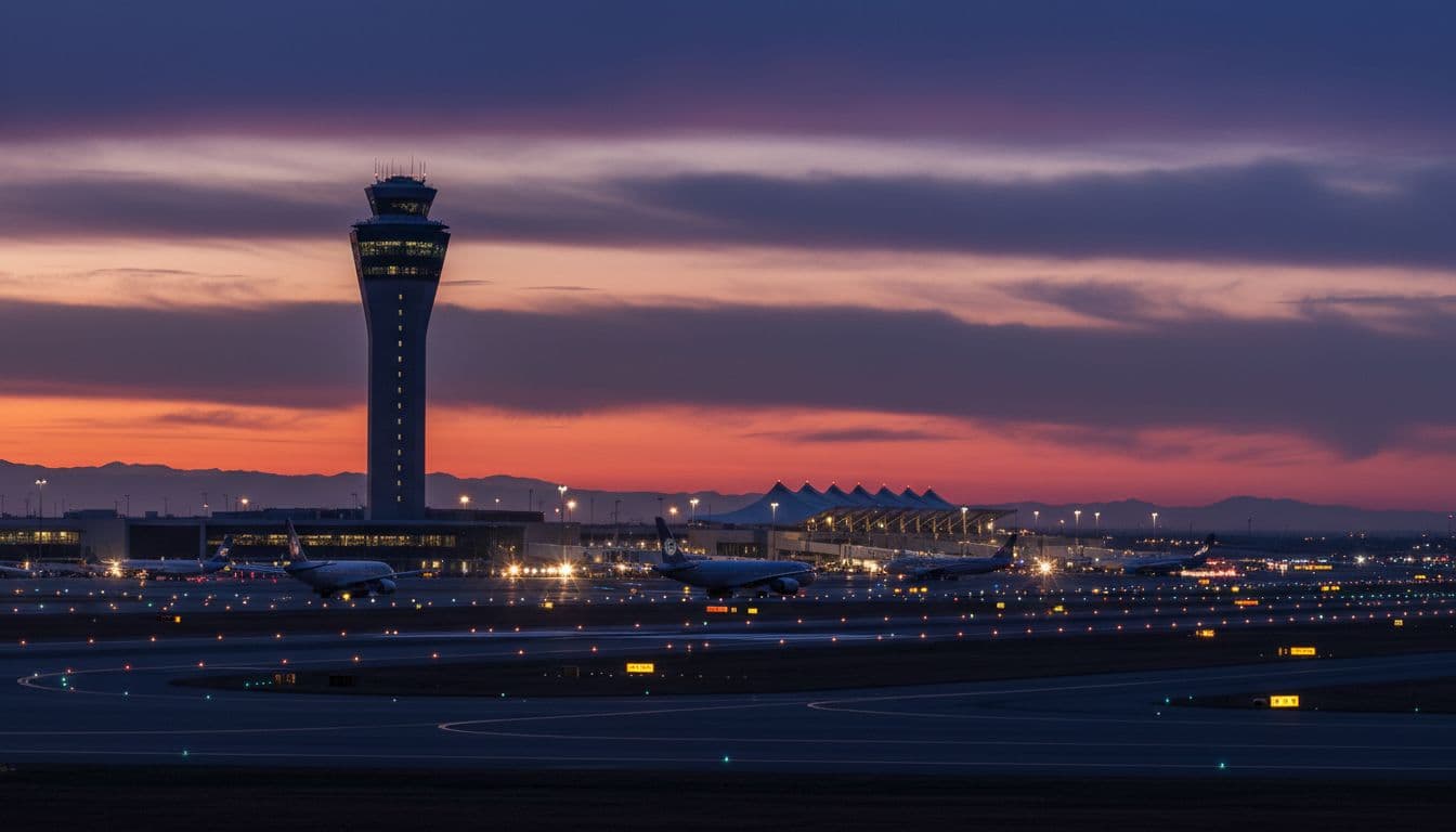 Denver airport air traffic control tower at dusk with planes waiting on the runway