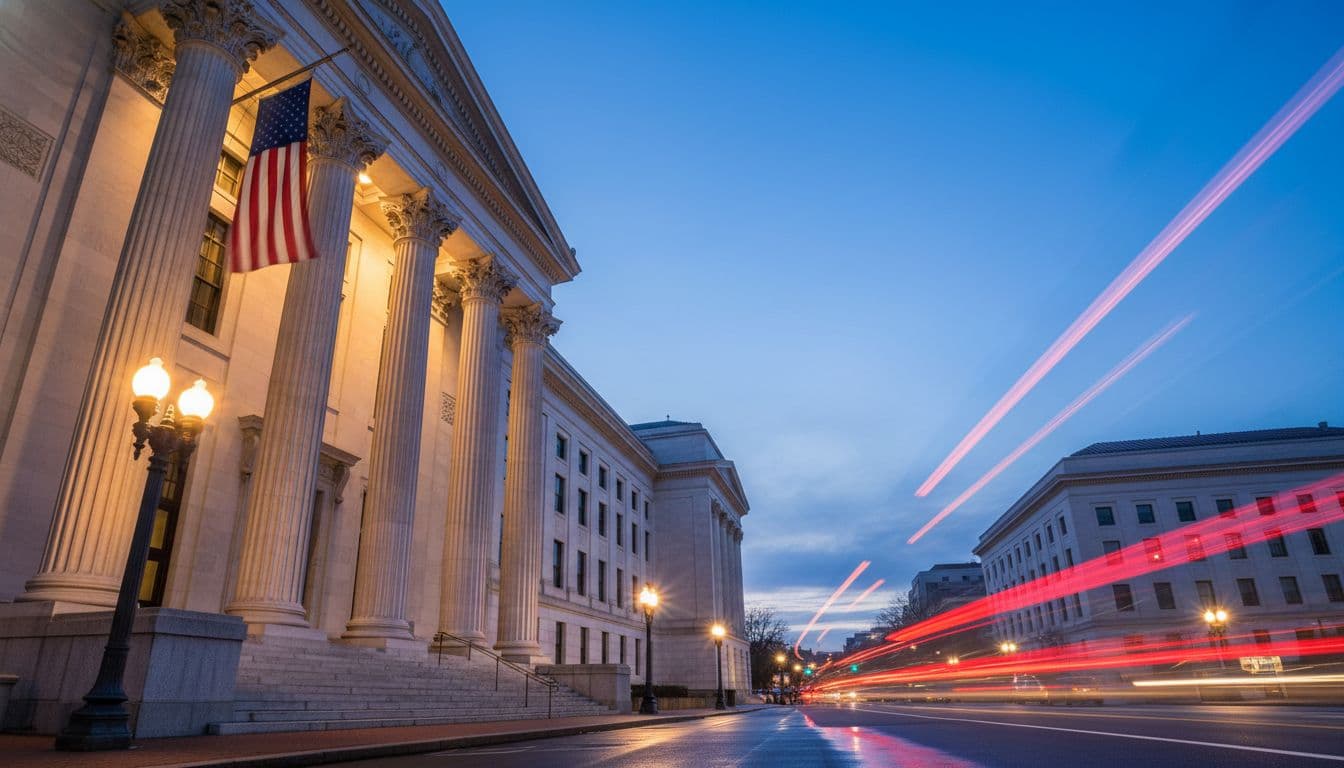 House Moves Toward Vote to Release Epstein Files: What to Know. 3 Department of Justice building at evening with flag and streetlights