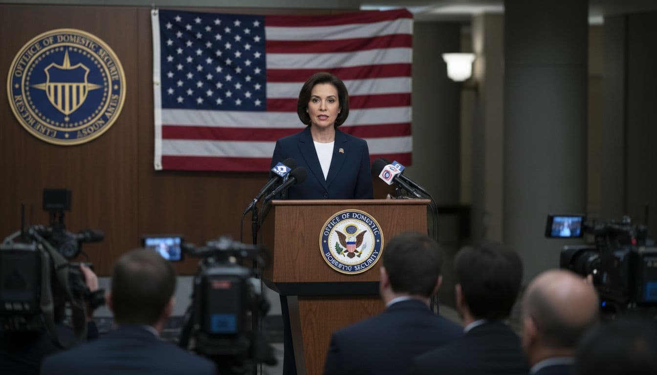 Government official at podium speaking to reporters with American flag in background