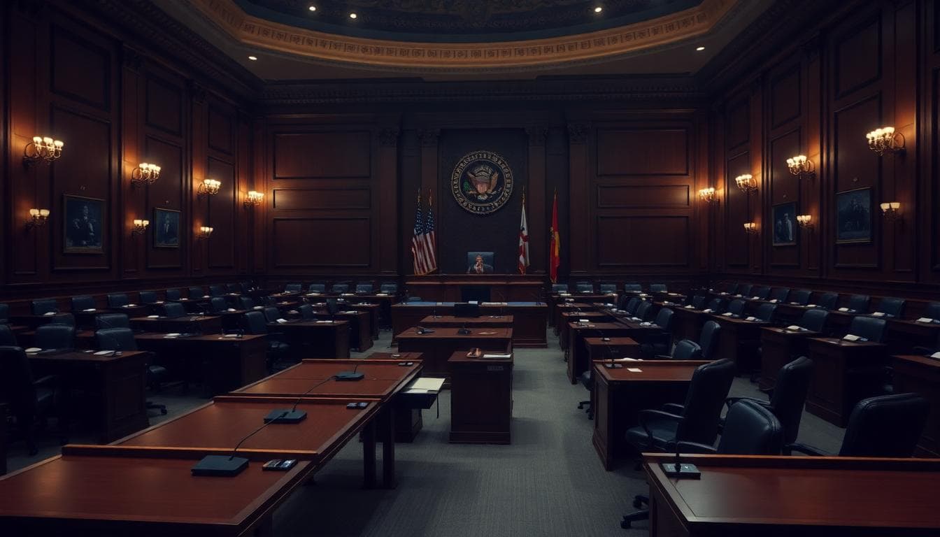 Dimly lit Senate chamber prepared for a weekend session