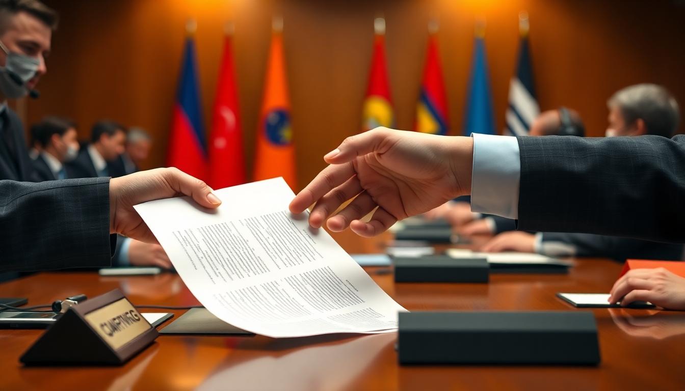 Close-up of hands exchanging a draft cease-fire document at a diplomatic table with headsets and flags