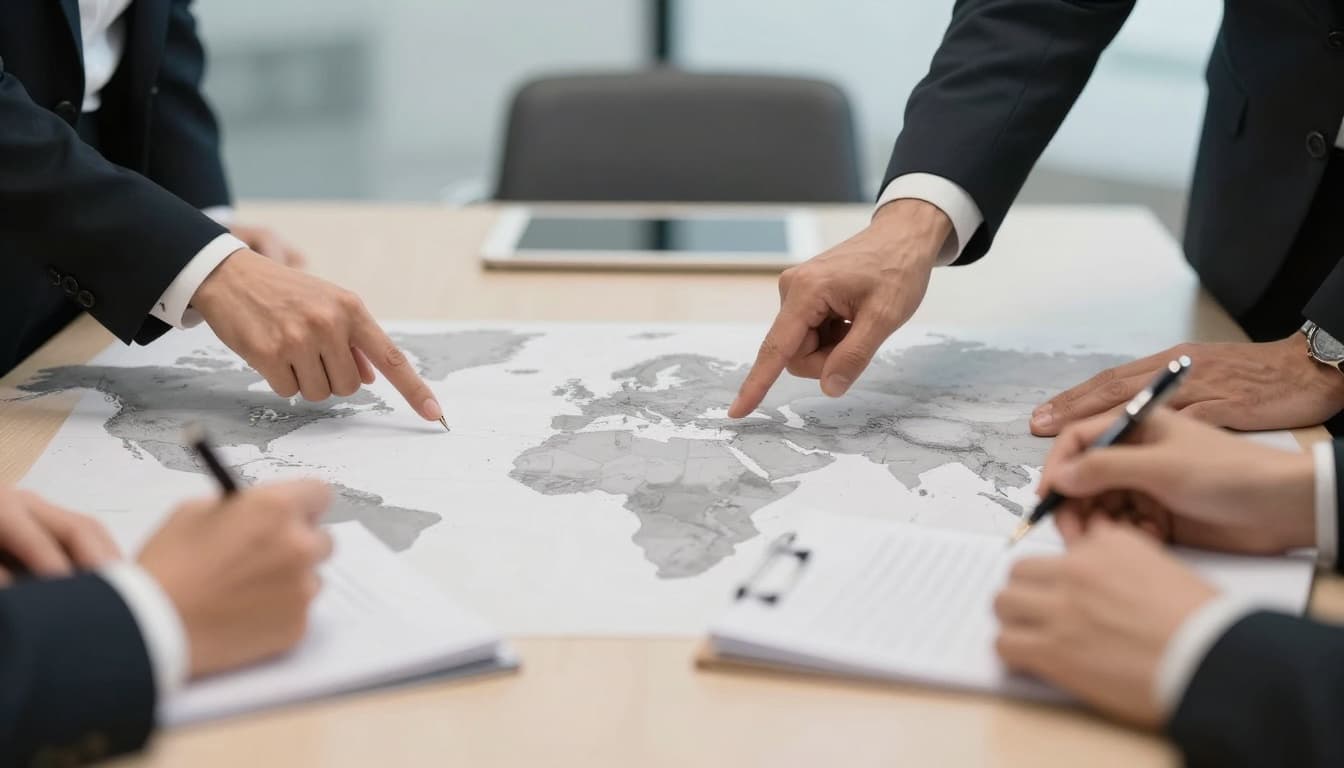Diplomats pointing at a world map focused on the Middle East and Europe