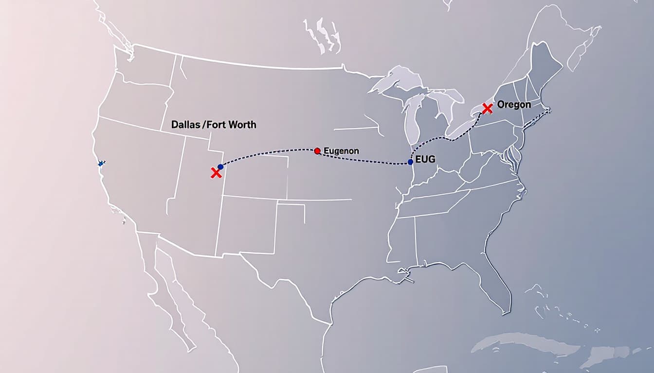 American Airlines Permanently Cancels DFW–EUG Route, Offers Refunds 2 Map showing the discontinued DFW to EUG route with a dashed line and a red X near Eugene