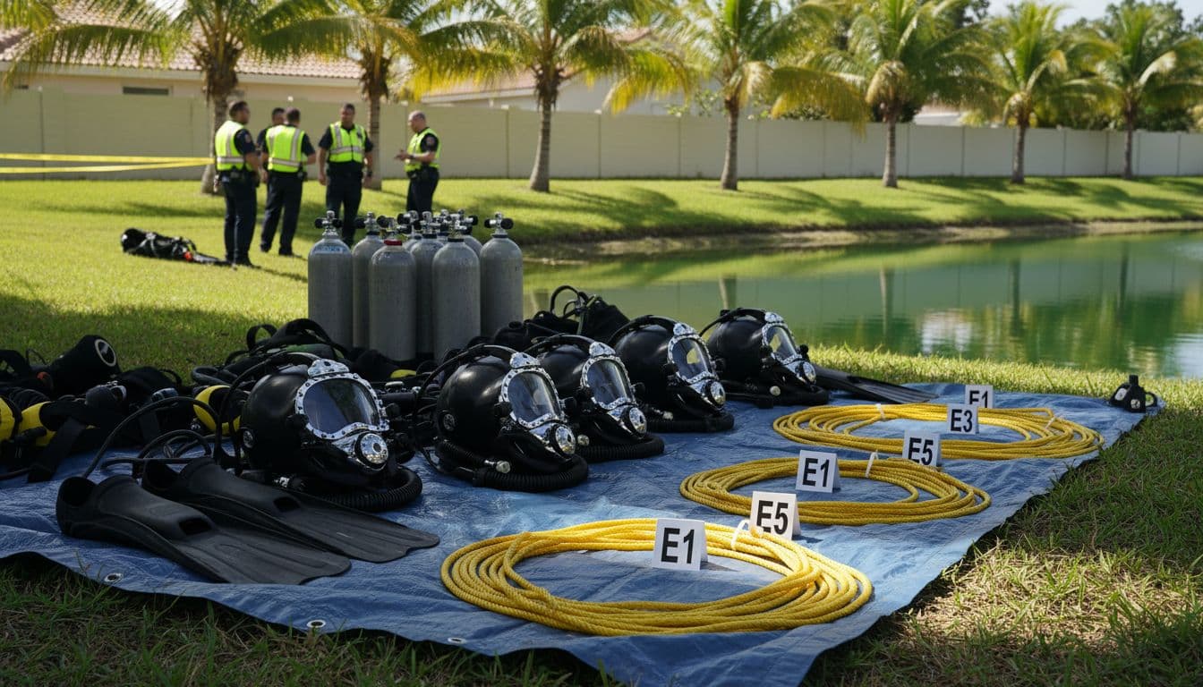 Small Plane Reportedly Crashes Into Coral Springs Pond; Dive Team Responds 2 Dive team equipment laid out beside a residential pond