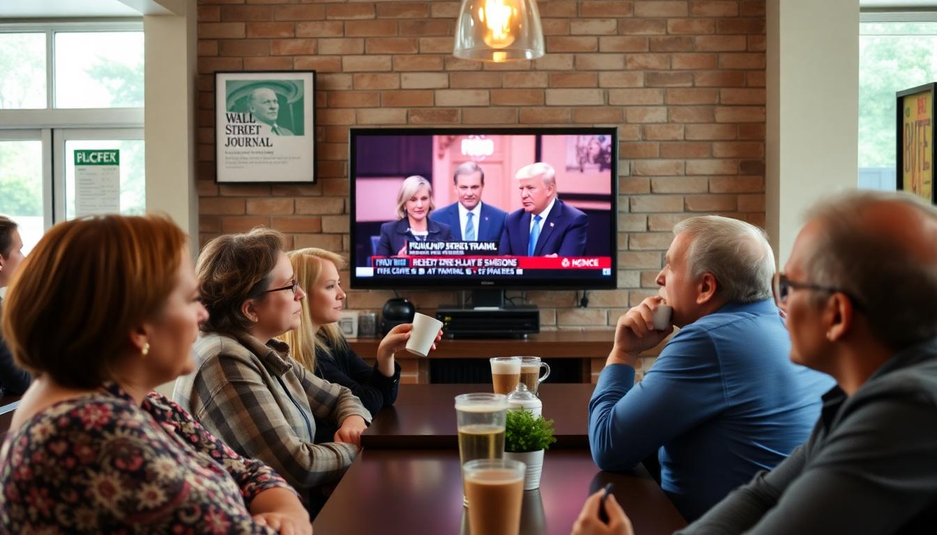 Diverse Americans in a coffee shop, watching a TV with news coverage on Trump, Wall Street Journal, and Epstein report, reactions mixed from skeptical to concerned.
