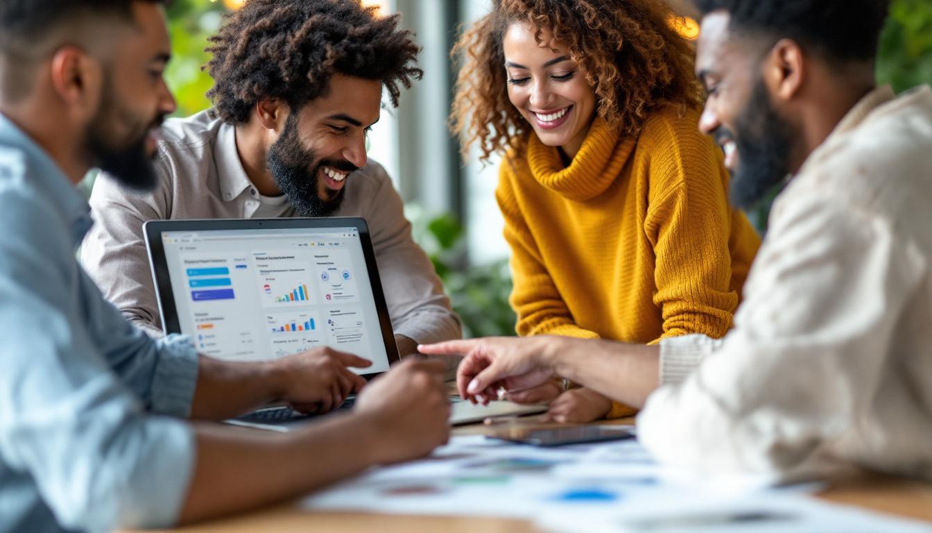 A diverse blogger team collaborating, pointing at a laptop screen showing keyword research tools, content outlines, and search intent diagrams. Bright coworking atmosphere, SEO-focused.