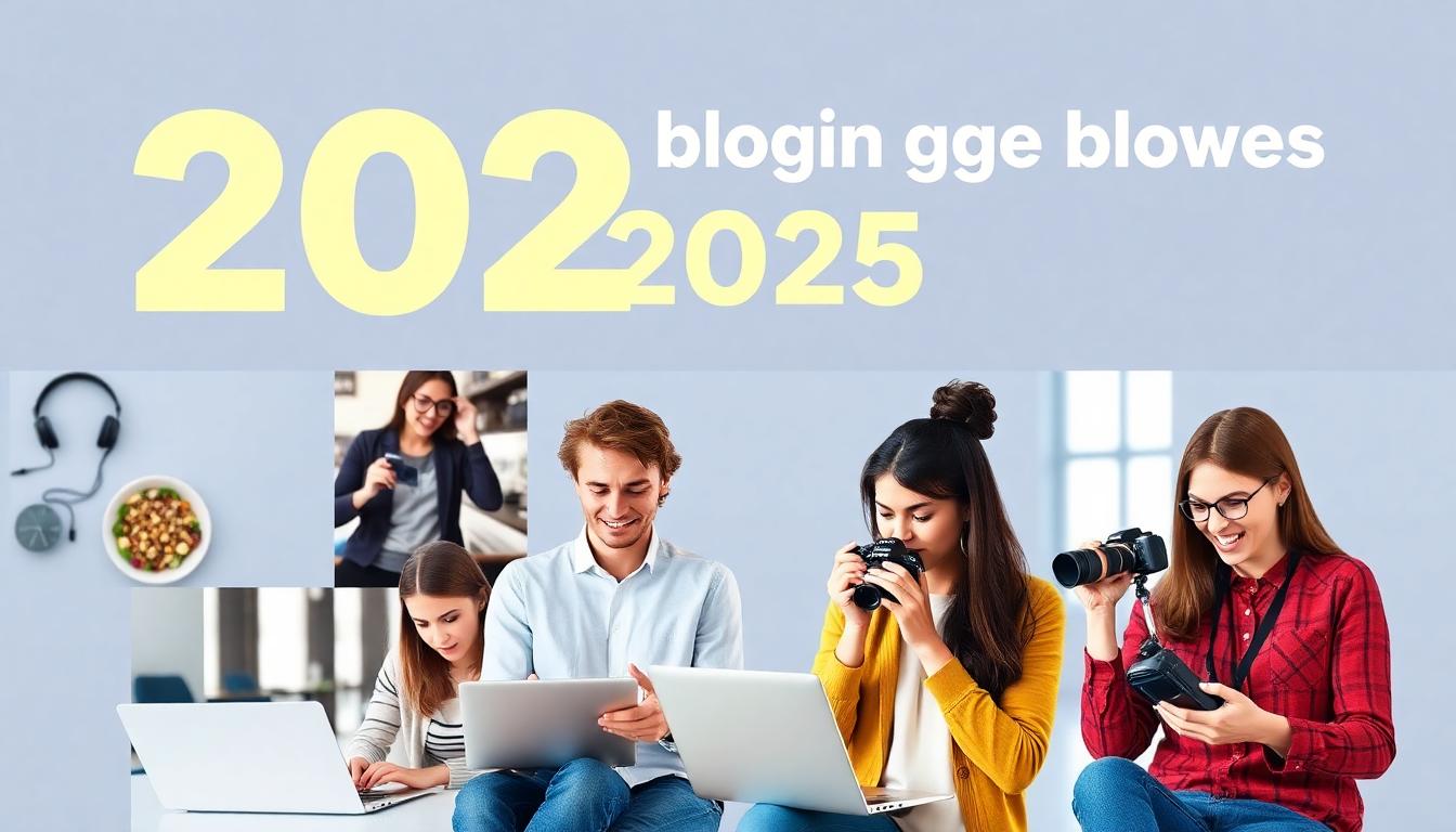 Image: A creative collage of diverse bloggers—food, tech, and lifestyle—working with laptops and cameras, highlighting successful blogging niches in 2025.