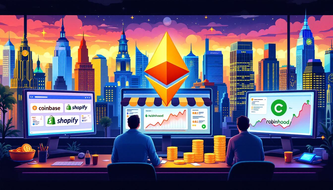 Diverse business users using Ethereum in e-commerce and finance—screens showing Coinbase, Shopify, Robinhood, Circle—city background, lively digital ecosystem