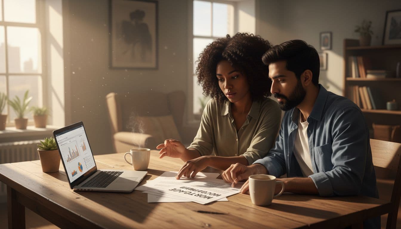Couple reviewing mortgage documents at a kitchen table