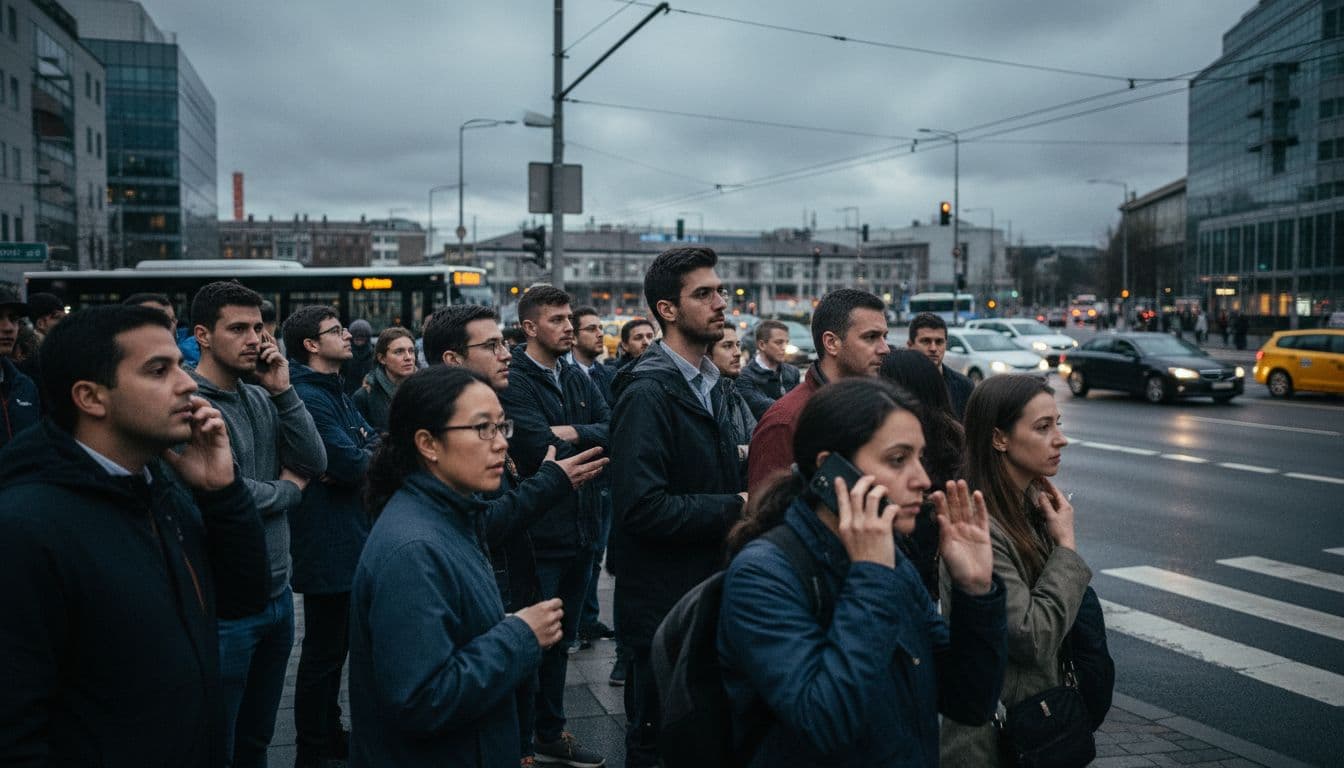 A diverse group of people standing near a street corner in a neutral news scene