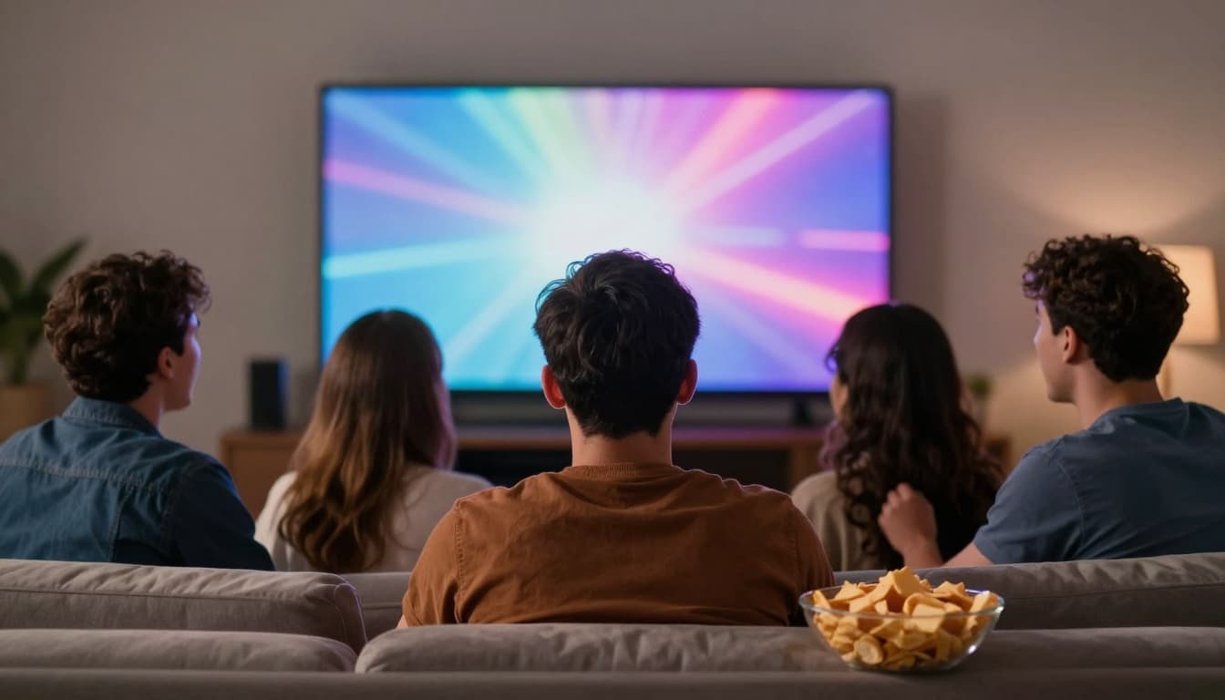 Friends reacting to a superhero movie at home